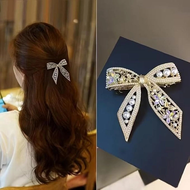Diversa Gold Plated Pearl Hair Clip, Bowknot Design with CZ Stones, French Barrette for Metal French Barrette for Festivals Wedding and Special Occasions