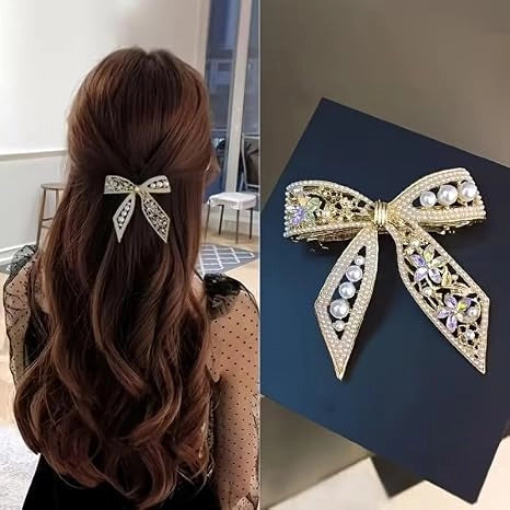 Diversa Gold Plated Pearl Hair Clip, Bowknot Design with CZ Stones, French Barrette for Metal French Barrette for Festivals Wedding and Special Occasions